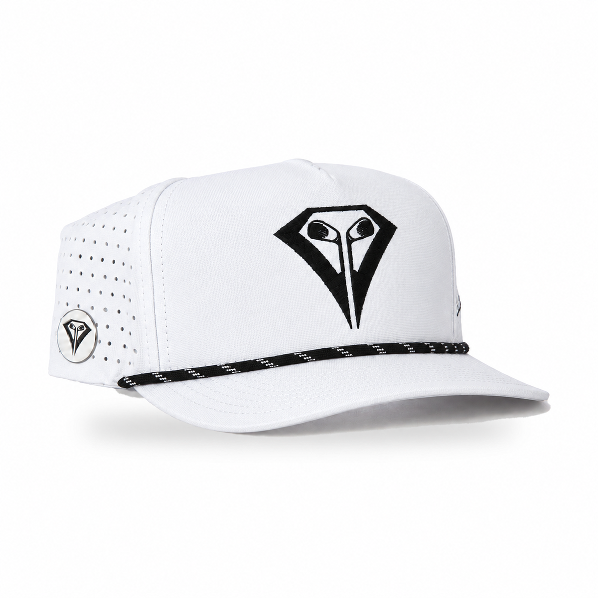 La Vita Golf Signature Rope Hat in White – angled front view with magnetic ball marker on the side panel