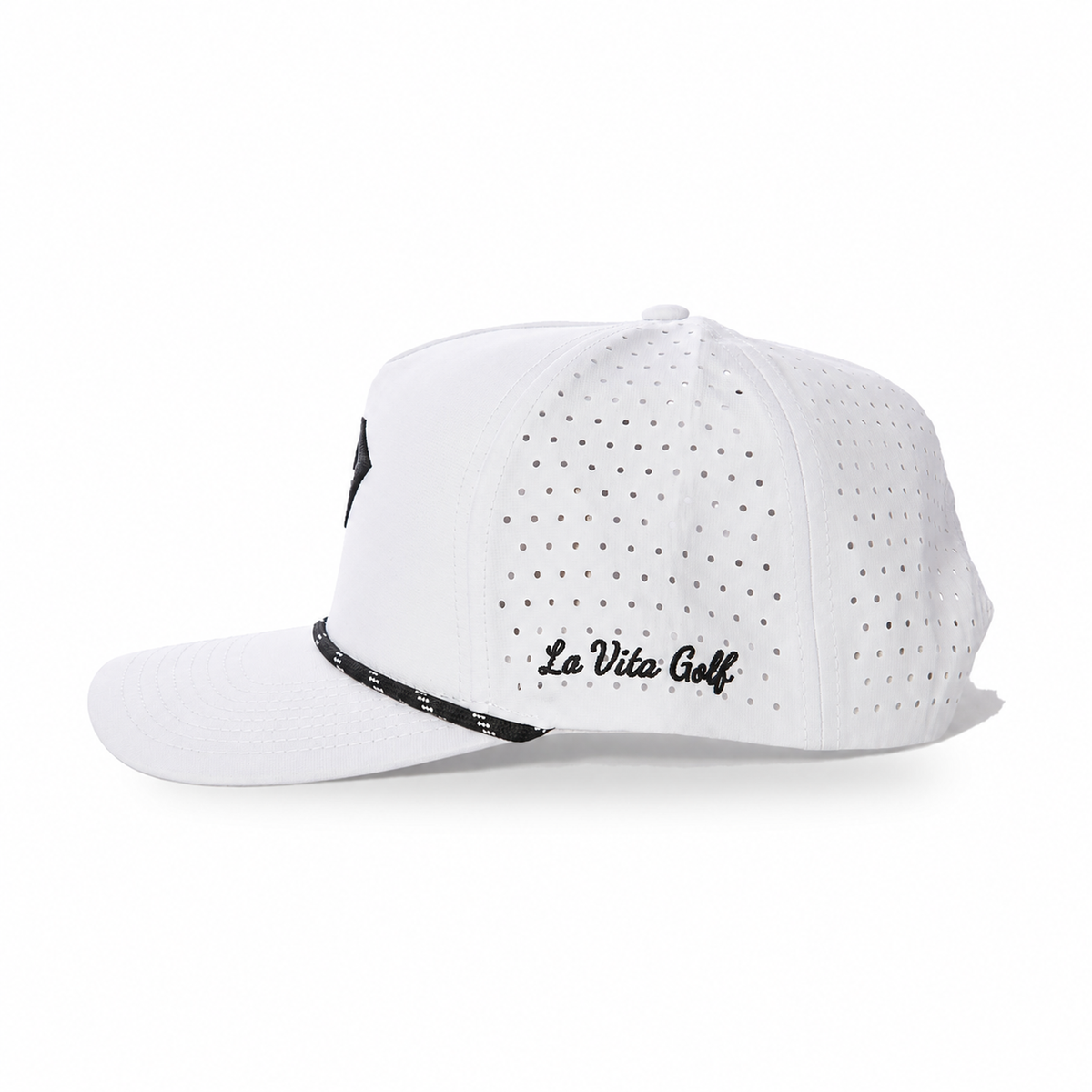 La Vita Golf Signature Rope Hat in White – side view with black La Vita Golf script embroidery